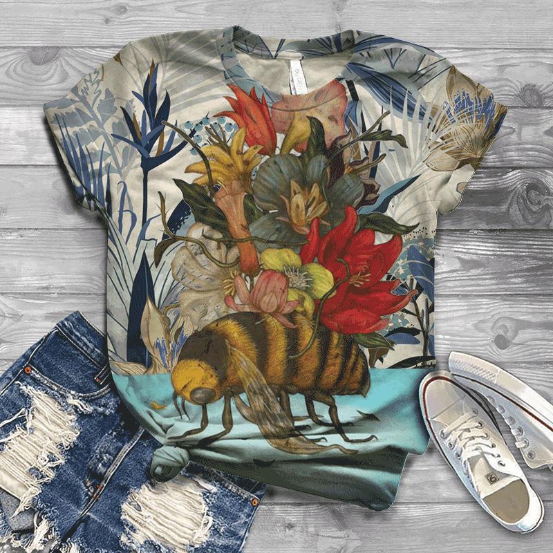 Women's Short Sleeved Summer New 3D Bee Print Loose T-shirt