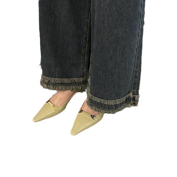 Spring 2025 new thin pointed head thin heel bag head sandals metal buckle patent leather high heel shallow mouth women's shoes