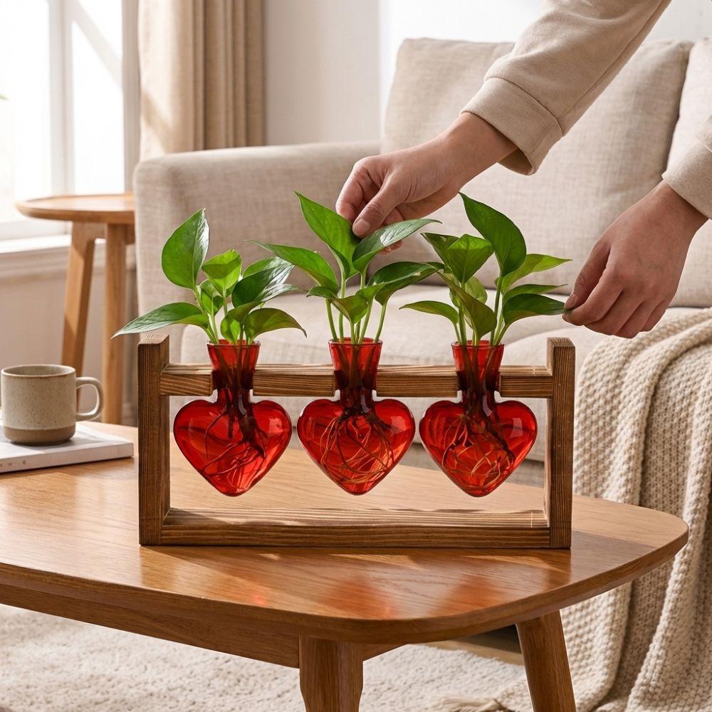 3/2 Flaschen Glas Herzform Vase Holzständer Holzrahmen Vase Blumentopf Heimdekoration