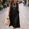 Ärmelloses Leinenkleid für Damen Asymmetrischer Saum Lockerer Schnitt Lässiges Midi-Kleid Hohe Taille Sommer-Outfit Leichtes Atmungsaktives Gewebe