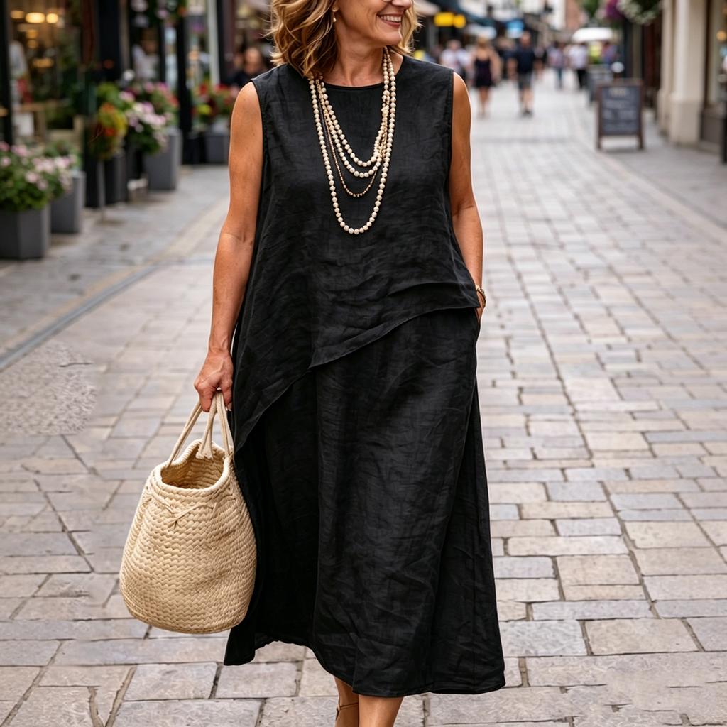 Ärmelloses Leinenkleid für Damen Asymmetrischer Saum Lockerer Schnitt Lässiges Midi-Kleid Hohe Taille Sommer-Outfit Leichtes Atmungsaktives Gewebe