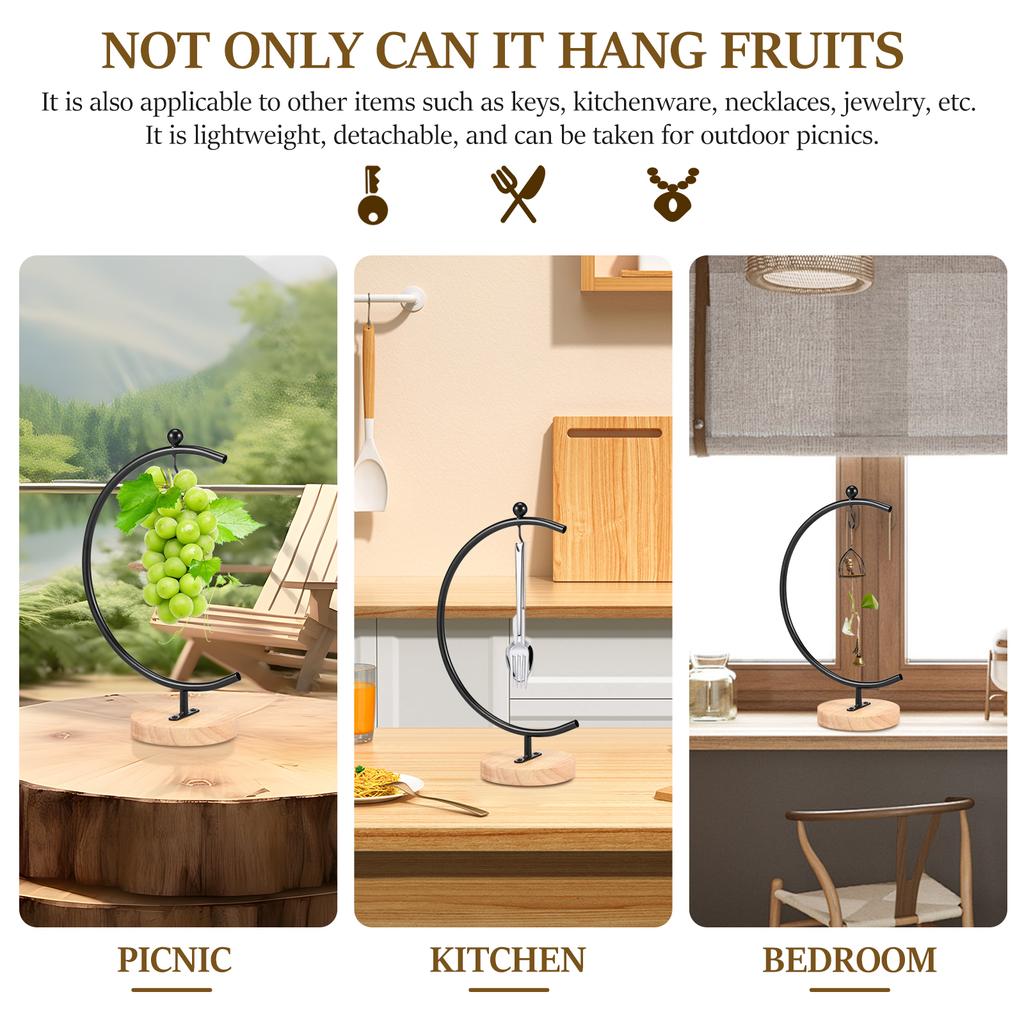 Banana Holder Stand Moon Shape Banana Hanger Rack Metal Fruit Hanger with Wood Base Stable Banana Hanger Stand Decorative Grape