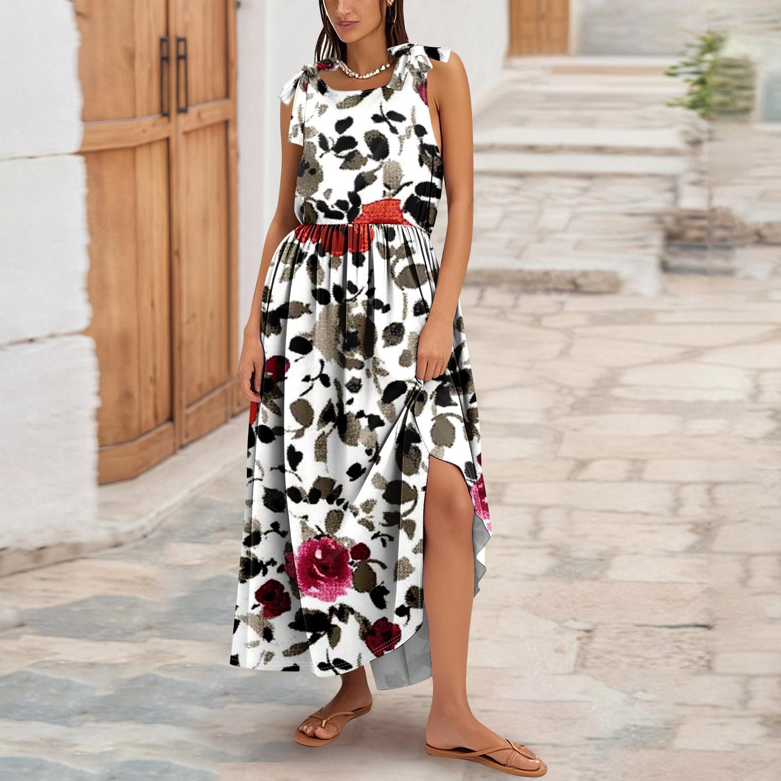 

Women s Summer Fashion Tank Dress A-Line Sleeveless Casual Floral/Solid Pocket Dress XL білий