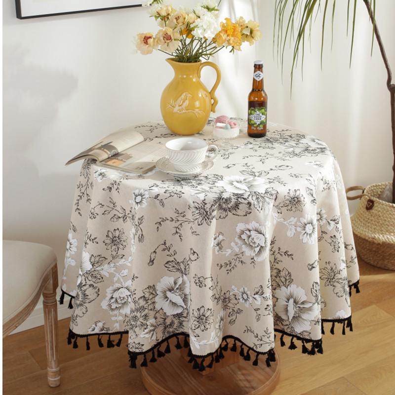 Floral Linen Cotton Tablecloth with Tassel Round Table Cover Dining Table Cover Tea Table Cloth Retro