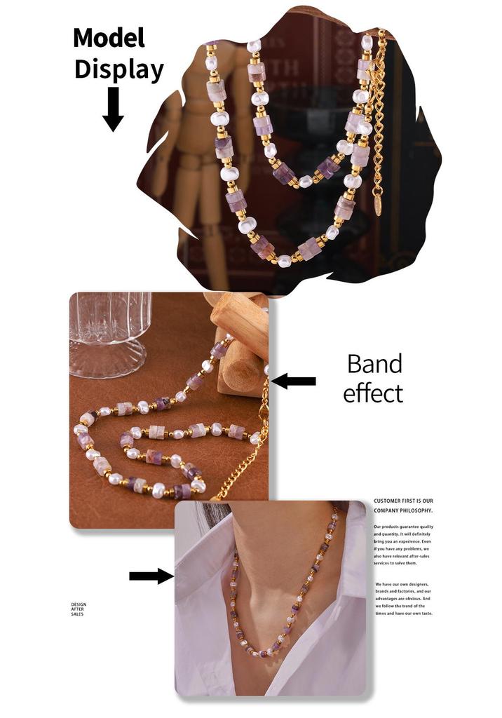 Qiong Yao French Retro Necklace with Natural Stone, Shell Beads, and Purple Crystal Titanium Steel