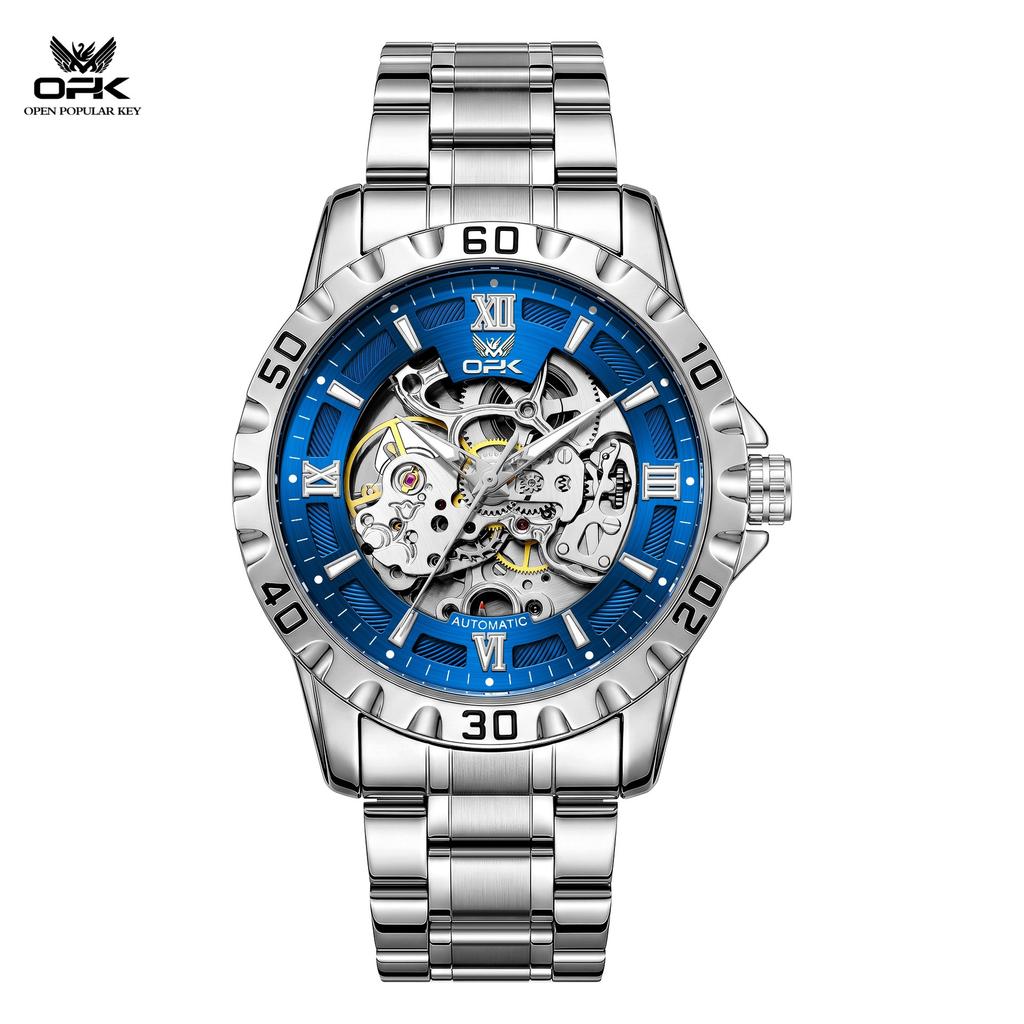 Men's Automatic Mechanical Watch, 44mm Skeleton Hollow Dial Luminous Hands 30M Waterproof Stainless Steel Business Wrist Watch