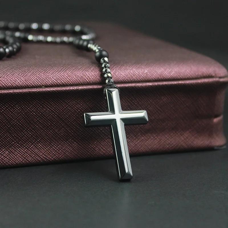 Stone Hematite Cross Car Pendant Catholic Christ Rosary Auto Hanging Meditation Protection Jewelry