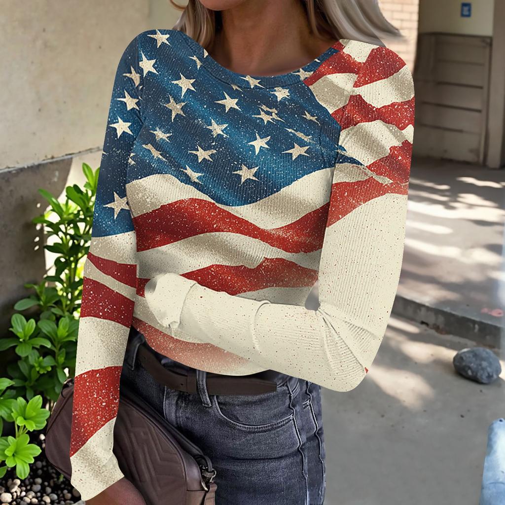 Damen Freizeit Langarm Rippstrick Oberteil Rundhals Pullover Amerikanische Flagge Print Leicht Dehnbares Shirt für den Alltag