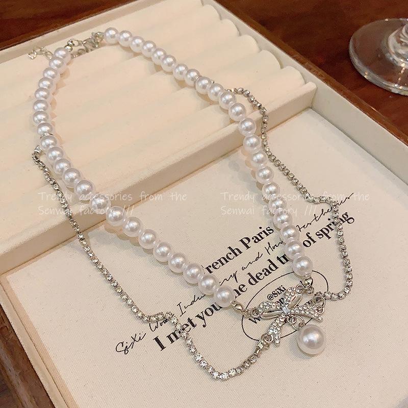 Xiaoxiangfeng French pearl necklace women's double-layer bow collarbone chain fashionable versatile neck chain with