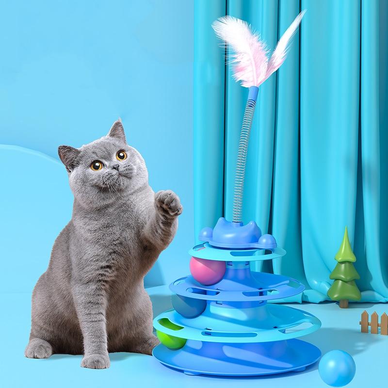 4-Layer 1pcs Feather Cat Turntable With Fun Toy Ball And Playing Stick - Interactive Toy For Cats