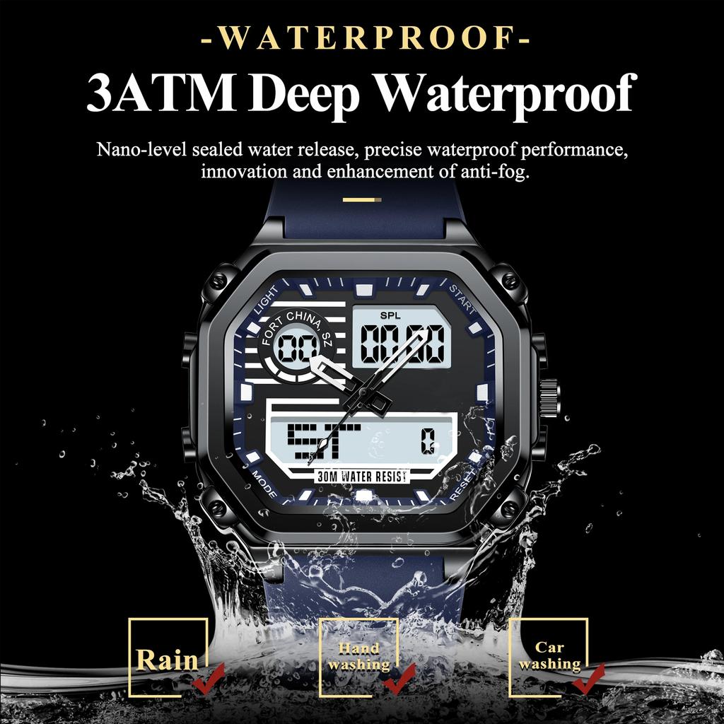 Sports LED Men Watch Waterproof Luminous Week Date Square Wristwatch Silicone Strap Electronic Quartz Watches