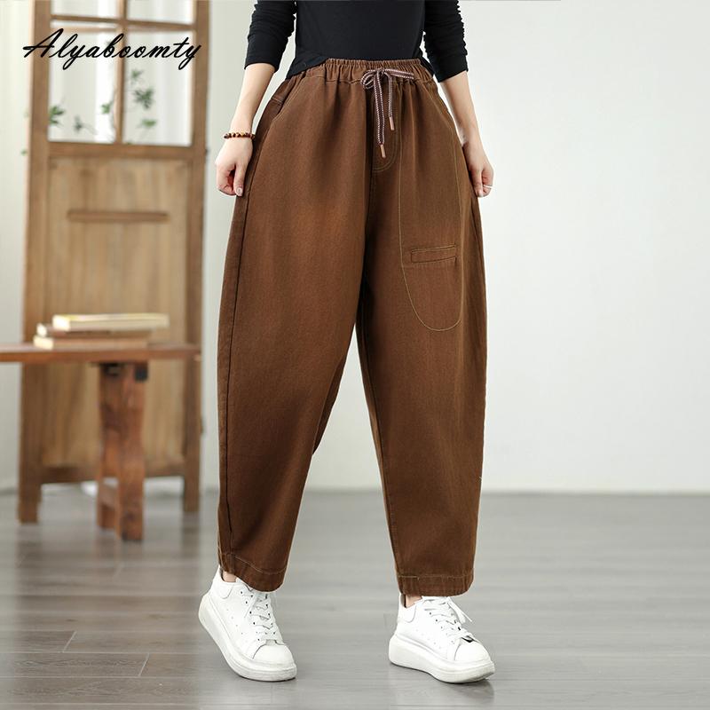 

Корейская мода Осень Зима Женские джинсы галифе Высокая посадка Кулиска Желто-коричневые Повседневные Свободные Джинсовые брюки Классические Большого размера Женские джинсы M