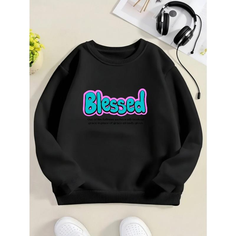 Kids Sweatshirt with Blessed Print & Verse - Faith Apparel, Casual Round Neck Winter for Church Events,Casual Attire - Warm Religious Clothing