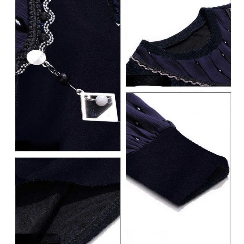 Ny høst-vårstil chiffonskjorte Elegant bluse med rund krage for kvinner Langermet topp genser