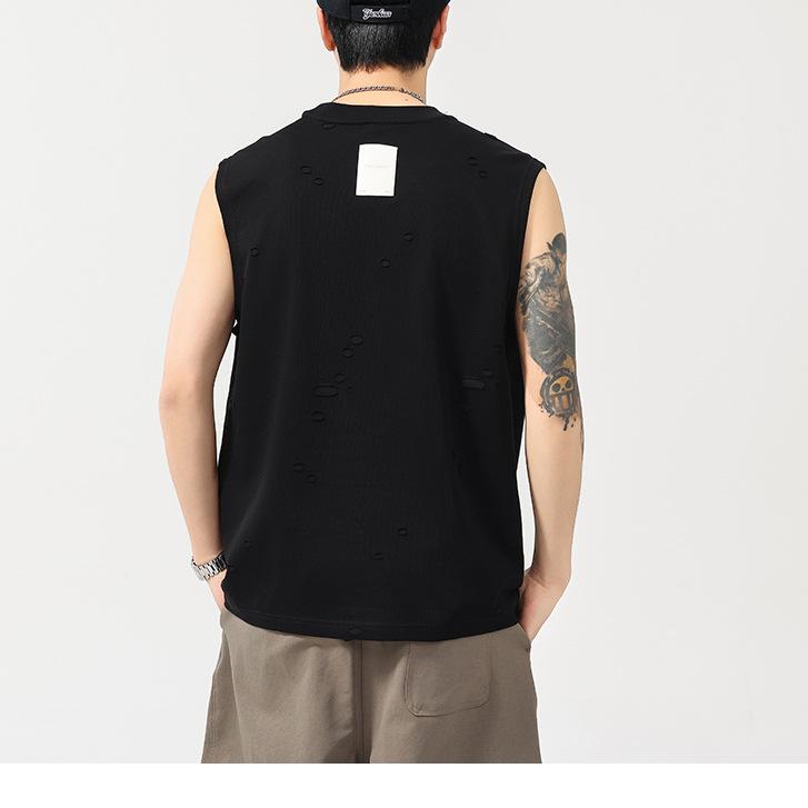 Summer Thin American High Street Breathable Sleeveless Ripped Vest Men's T Round Neck T-shirt Short Sleeves