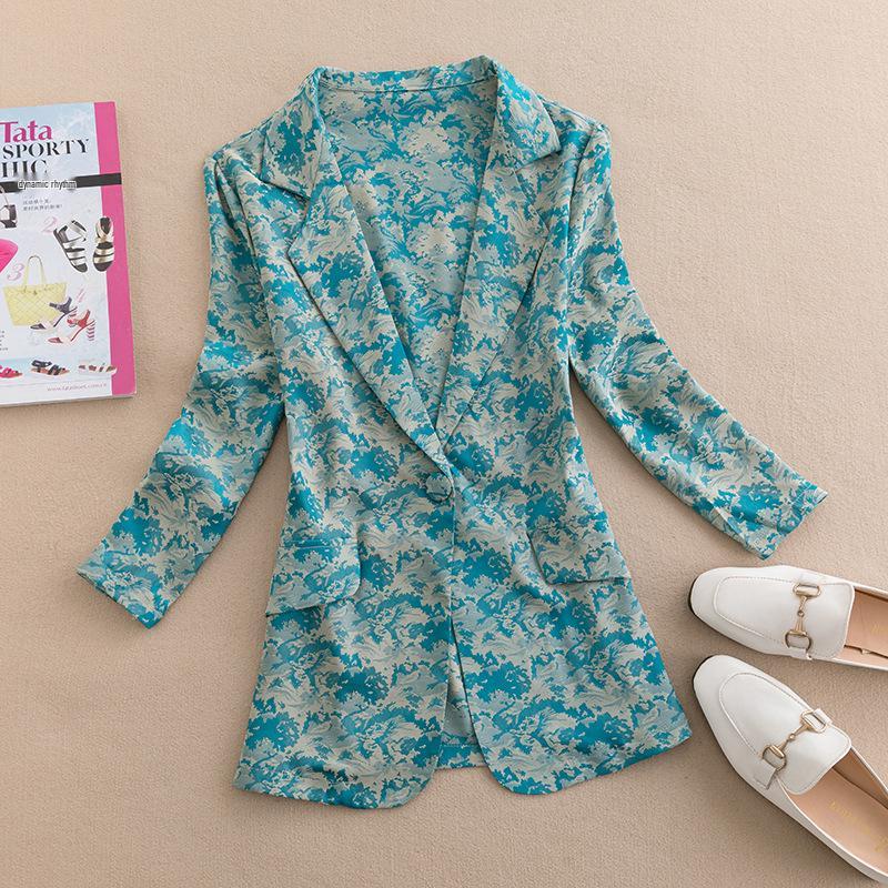 

Elegant Jacquard Slim-Fit Blazer - Women s Spring/Summer 7-Sleeve 2XL [125-135 lbs] темно-синього кольору