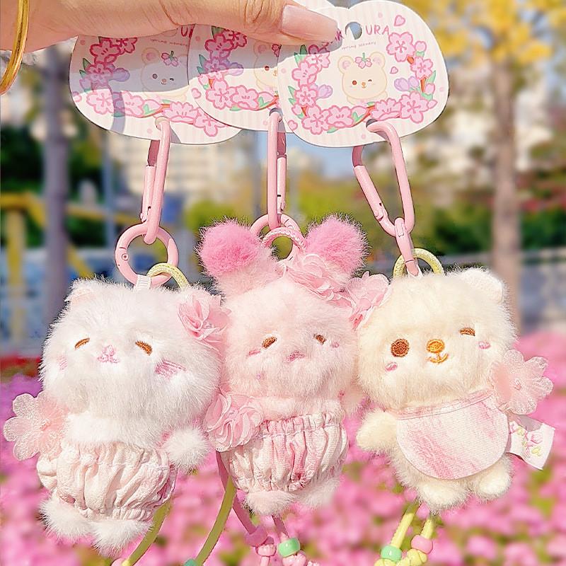 Blossom Bear Cherry Rabbit Cat Plush Keychain Stuffed Doll Toy Pendant Gift