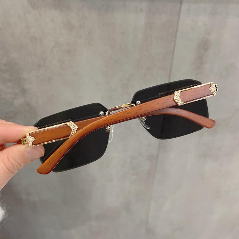 Arrow Wood Grain Legs Frameless Trimmed Sunglasses Women, Irregular Square Sunglasses Retro Sunscreen Glasses