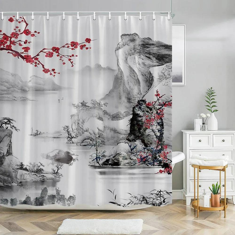 Chinese Landscape Landscape painting Shower Curtain Ink Painting Landscape Polyester Fabric Washable Bath Curtain Bathroom Decor