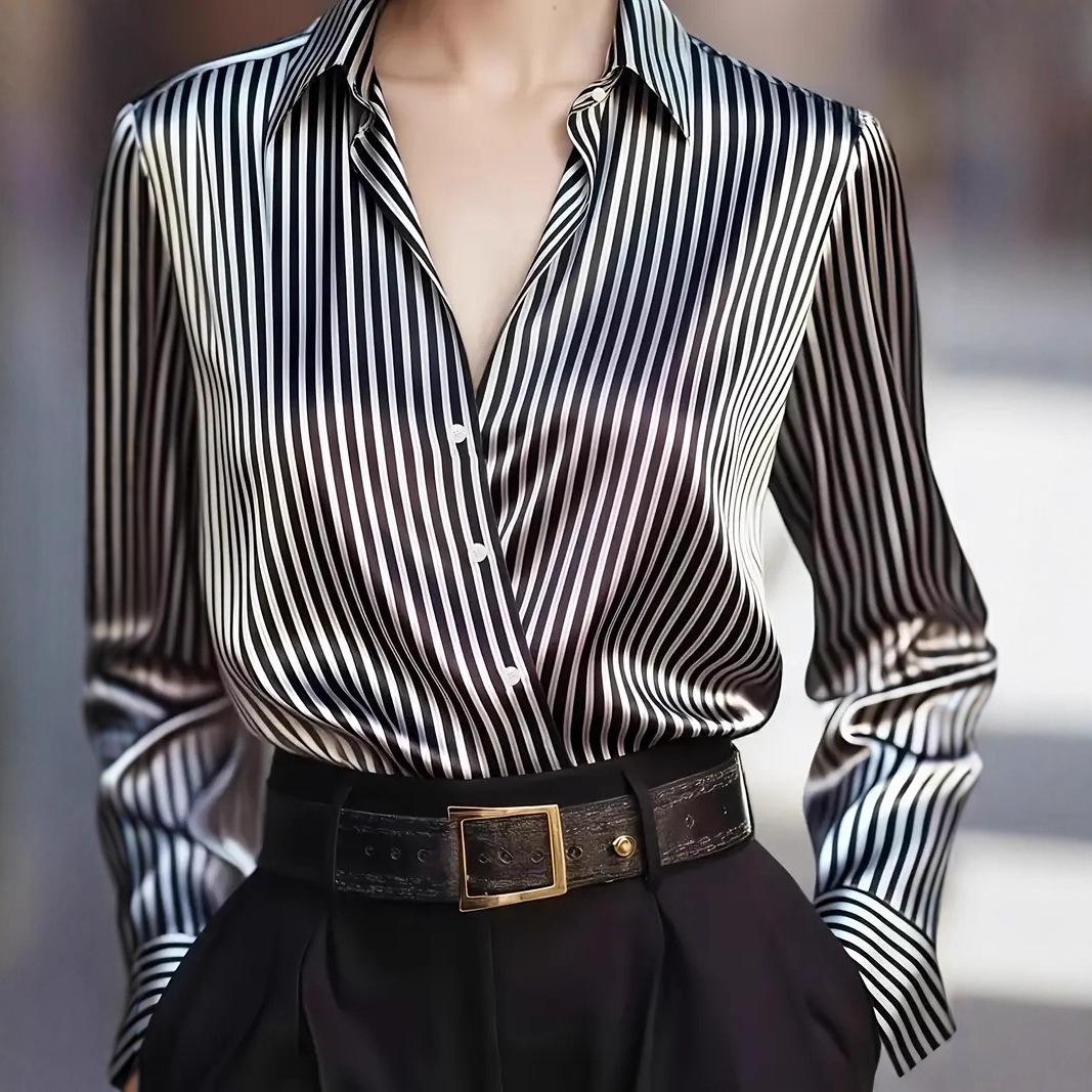 

European American Women s Retro Striped Long-Sleeve French Shirt - 2025 Design Large чорний