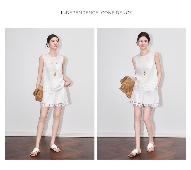 Linen Sleeveless Lace Top & 3D Embroidered Sunflower Shorts Set for Women