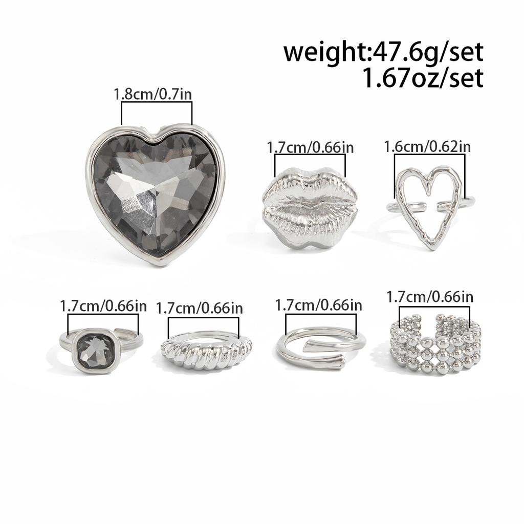 Exaggeration Heart Shape Crystal Rings Set for Women Lips Square Zircon Charm Open Rings Adjustable Fashion Designer Luxury Jewelry