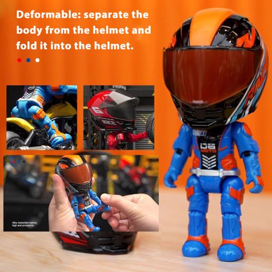 Transforming Motorcycle Rider Figurine Deformable Helmet Racing Driver Action Figure with Movable Joints Desktop