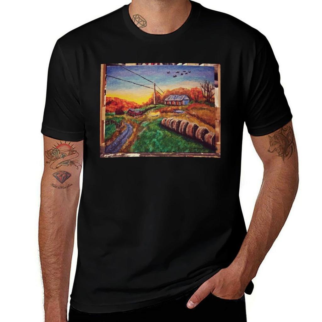 Autumn Farm Painting Tshirt Basic Lightweight Short Sleeve Tee