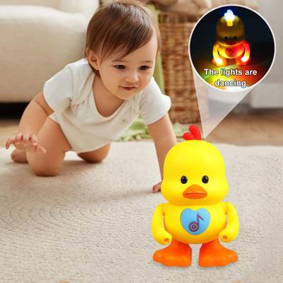 Elektrická tančící kachna s LED světlem a hudbou pro batolata, žlutá chodící kachna, hračka pro kluky a holky, na bříško, interaktivní lezoucí zvířátko