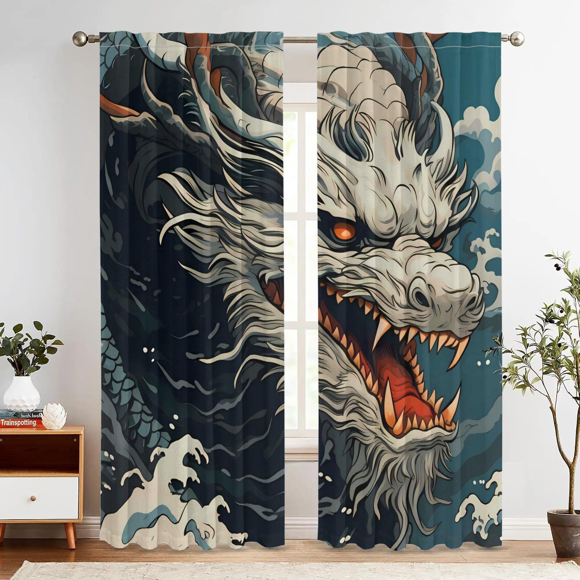 

2pcs Dragon Design Blackout Curtains for Living Room Polyester Retro Style with Grommet Top Machine Washable Vibrant 100*130 Grommet Top 1pcs
