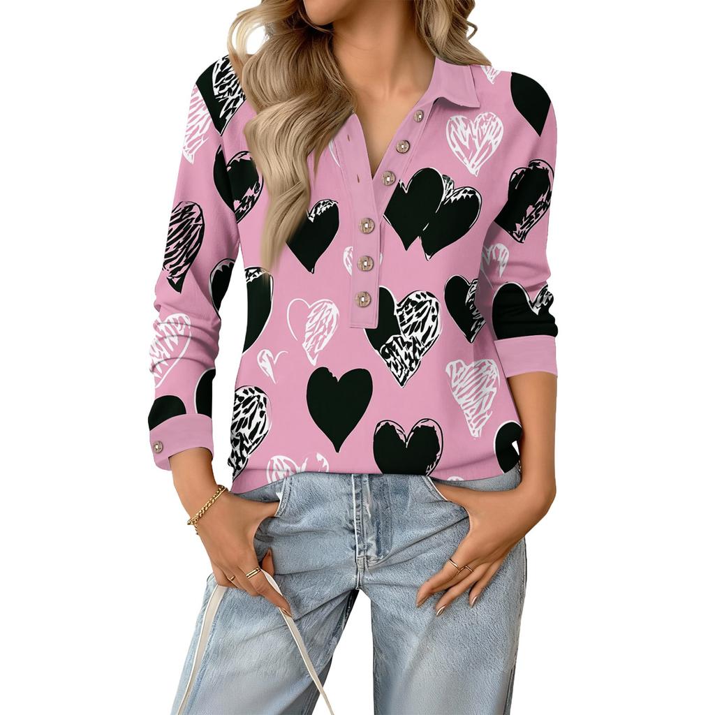 Damen Retro Street Lässiger V-Ausschnitt Langarm Knopf Valentinstag Herz Pullover Top