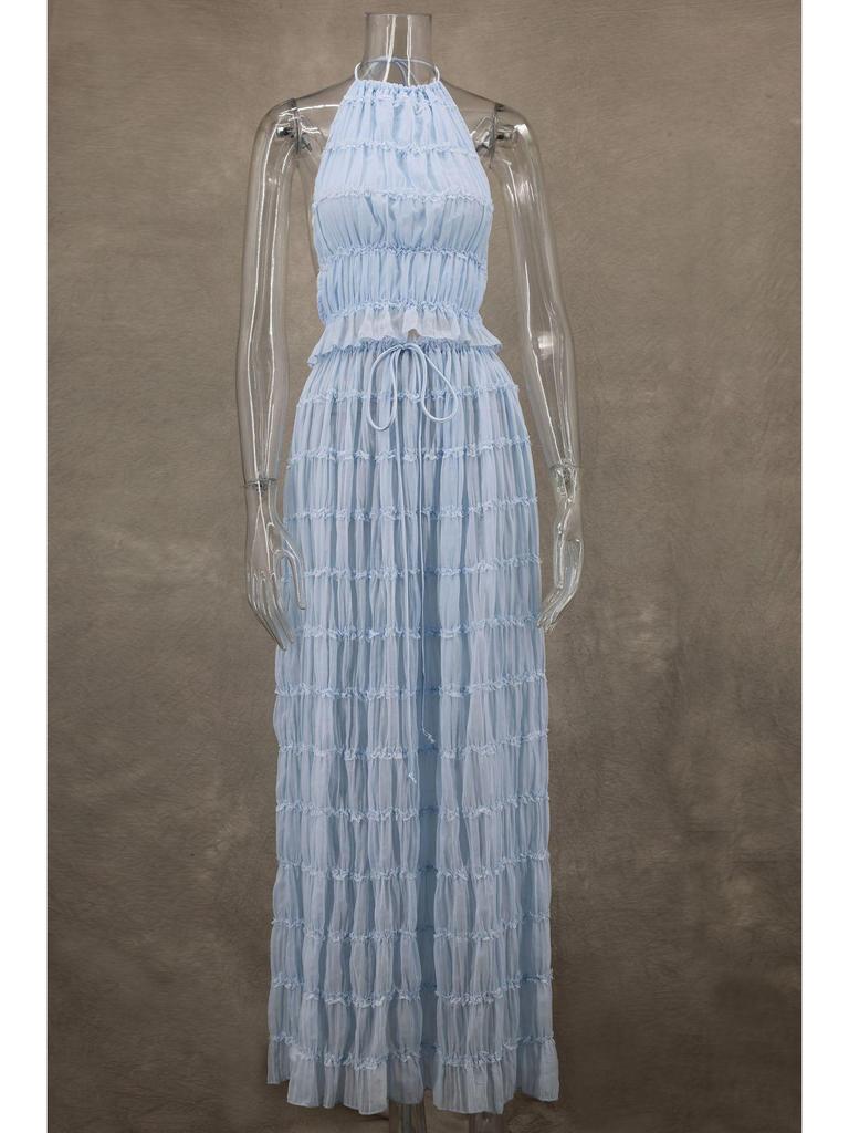 2024 Spring/Summer European & American Fashion Backless Halter Lace Ruffle Maxi Dress Set