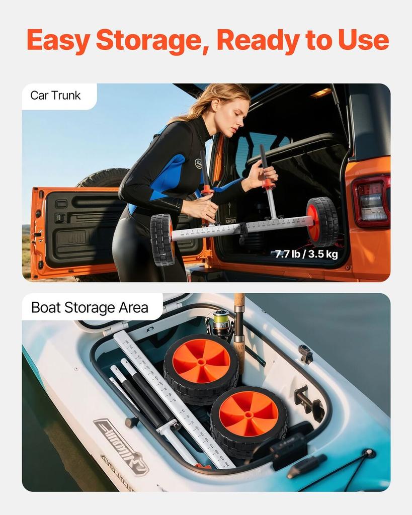 Carrello per Kayak, Capacità di Carico 104 kg, Dolly per Carrello Canoe con Ruote Solide in PU da 25,4 cm e Cavalletto, Si Monta e Smonta in Pochi Secondi, Tavola da Stand Up Paddle