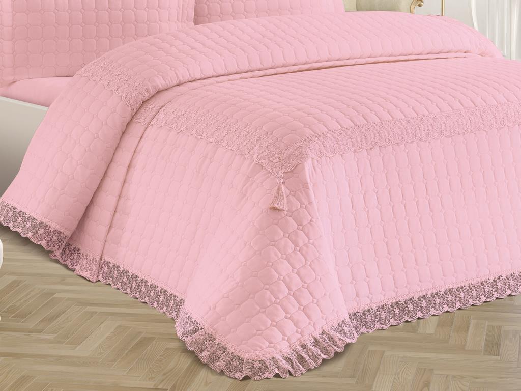 Roza Quilted Bedspread Set 3pcs, Coverlet 250x260, Pillowcase 50x70, Double Size, Laced, Powder