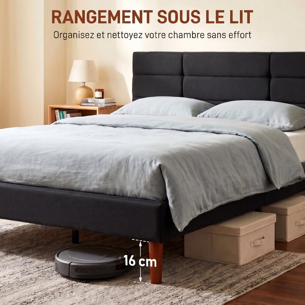 Double Bed Frame, 140 X 200 Cm, Wooden Slatted Base, Linen-Effect, Storage Underneath, Black