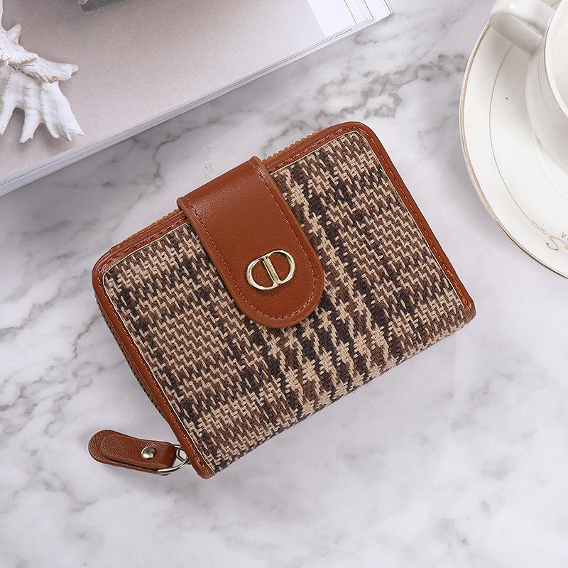 Light luxury new small wallet women's short buckle thousand bird grid canvas multi-card anti-degaussing large-capacity high-end wallet