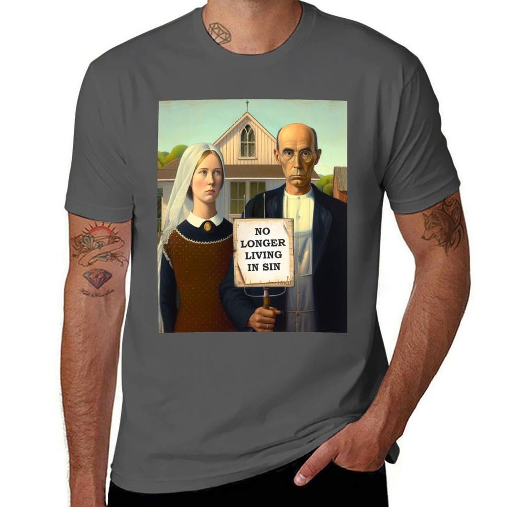American Gothic Grant Wood Painting Famous Art Parody Tshirt Basic Solid Color Casual Tee Shirt