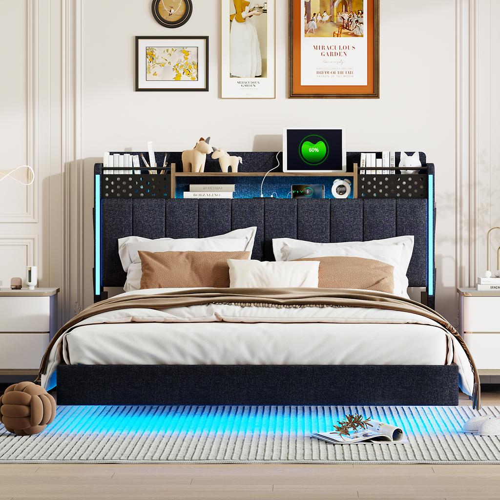 Upholstered Bed 140*200 with LED Lighting and USB Socket, Headboard with Storage Space, Floating Bed Youth Bed Adult Bed, Linen Fabric, Grey
