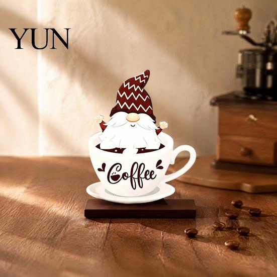 Cute Gnome Coffee Signs Bar Table Ornament, Wooden Theme Stand with Stable Tiered Tray Decor Base, Retro Farmhouse for Kitchen Station Countertop