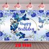 Whimsical Butterfly Birthday Backdrop, Delicate Blue Design with Butterflies and Flowers, Festive and Elegant Party Wall Decor