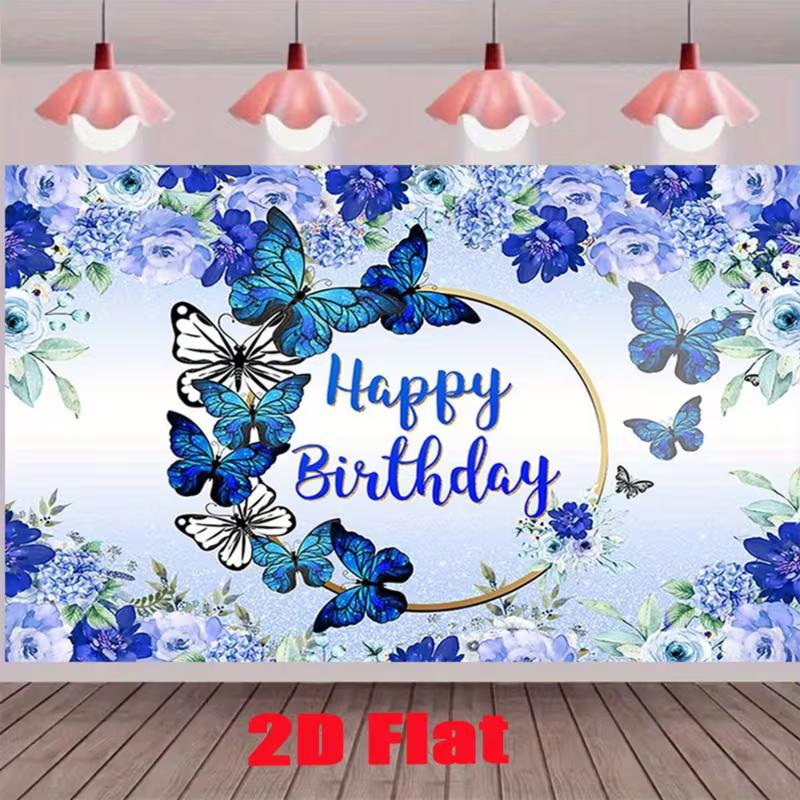 Whimsical Butterfly Birthday Backdrop, Delicate Blue Design with Butterflies and Flowers, Festive and Elegant Party Wall Decor