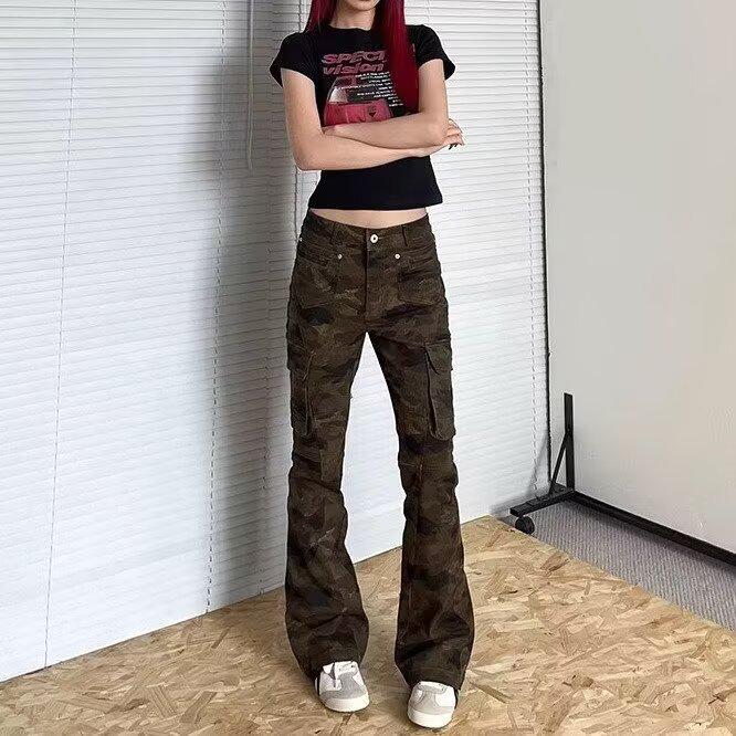 

High Street Women s Camouflage Multi-Pocket Cargo Jeans - Trendy Hip Hop Straight Leg Slim Fit Flare Pants L: 155-165cm (109-120 jin)