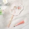 Handmade Embroidery Ancient Style Long Handle Fan Classical Flower Shape Fan  Summer