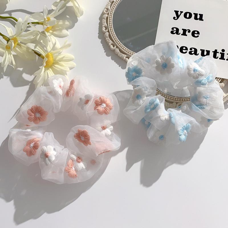 Organza Mesh Embroidery Flowers Scrunchies Women Romantic Pink Blue Hair Rope Transparent Tulle Hair Ties Hair Accessories