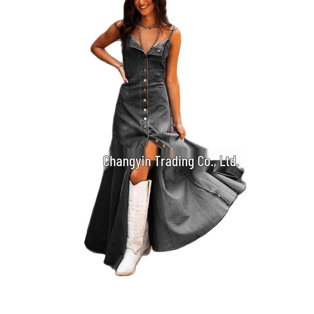 European & American Retro Washed Denim Suspender Swing Dress for Women