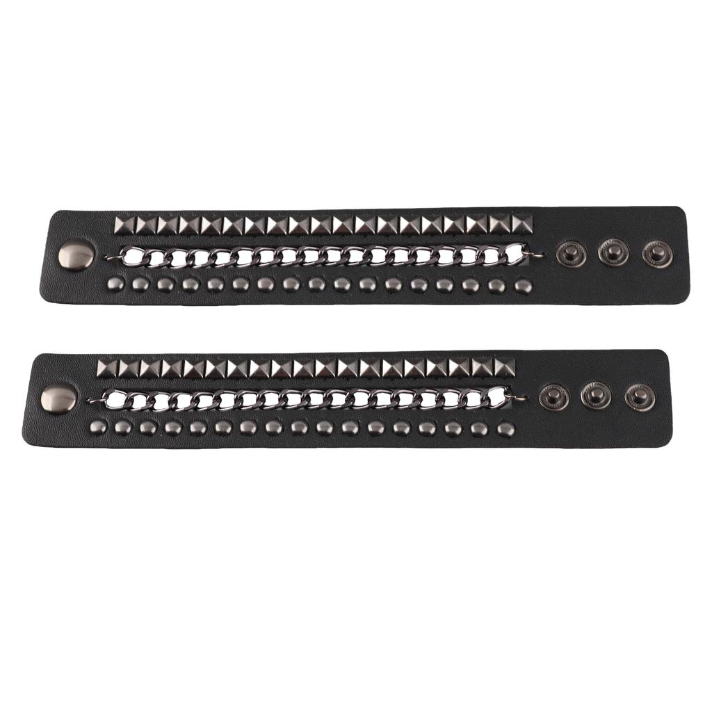 2Pcs Punk Wristband Vintage Multi‑Layer Rivet Motorcycle Faux Leather Cuff Bracelets