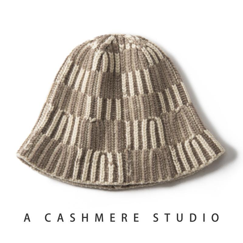 New color matching plaid cashmere knitted fisherman hat women's striped dome warm face small cashmere basin hat