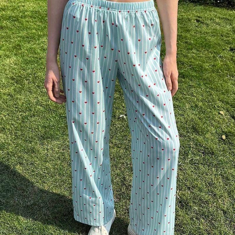 

Summer New Arrival Sweet Vertical Stripes Heart Printing Pants Fresh All-Matching Straight-leg Slim Looking Casual Pants Blue L