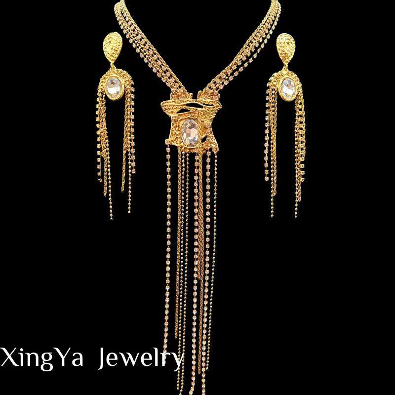 Vintage Exaggerated Design High-end Niche Temperament Tassel Sweater Chain Necklace Earring Set