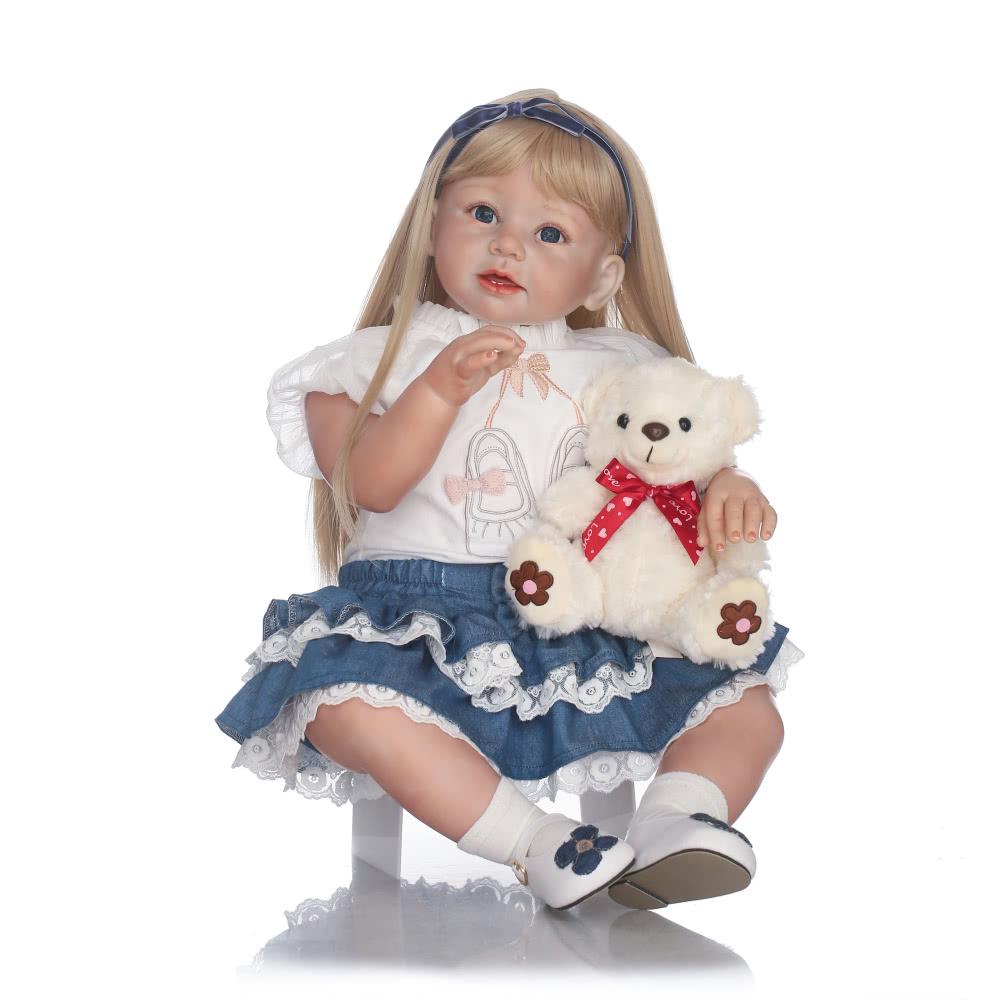 24Inch Reborn Baby Doll Lifelike Soft Silicone Doll Long Hair Girl Elephant Toy
